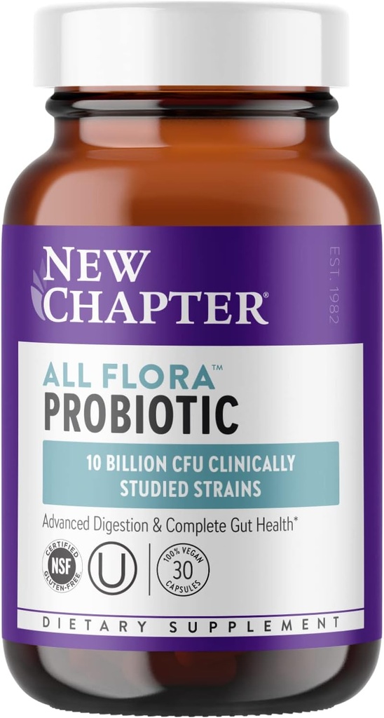 Nuevo Capítulo Probiótico All-Flora - 30 ct (1 Mes de Suministro) para la Digestión Avanzada & Completo Salud Gut con Prebióticos + Postbióticos, Estrasas Estudiadas Clínicamente, 100% Vegan, No GMO, Estable