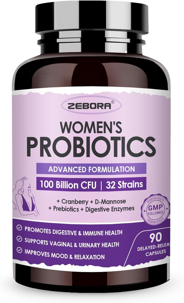 ZEBORA Probióticos para Mujeres Salud Digestiva con Enzimas " Prebióticos 100 Billones CFUs habit Vaginal Probiotics with D Mannose " Cranberry ¦ Urinary Tract Health  Immune Support, 90 cápsulas