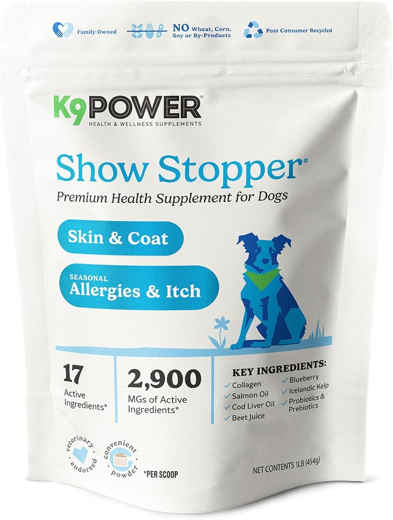K9 Power Show Stopper for Dogs 1lb – Boosts Coat Shine & Destaca el tono saludable de la piel - Fortalece el sistema inmunológico - mejora la salud digestiva