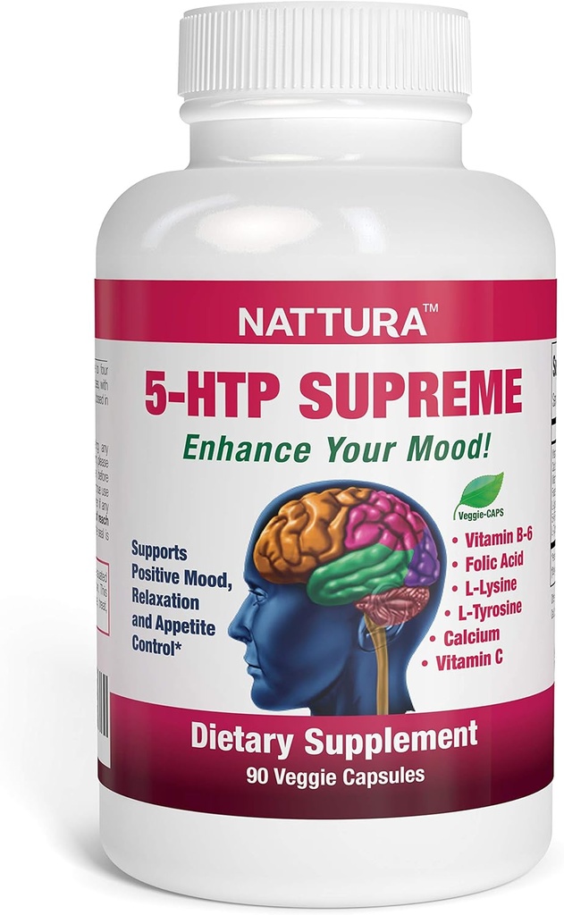 Nattura 5-HTP Supremo - para el Control Positivo de Mood, Relajación y Appetite - con 5-HTP, L-Tyrosina, L-Lysine, Vitamina B6, Folate (Acid Alilico), Vitamina C (Acid acúbico), Calcio - 90 cápsulas