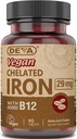 Deva Nutrición Vegan Hierro Chelatado 29 mg Fortificado con B-12 - Alta Potencia, Fácil de Tragar - 90 Tabletas, 1-Pack