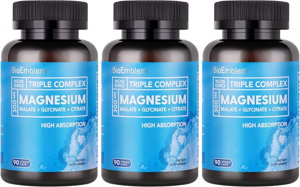 BioEmblem High Absorption Triple Complejo de Magnesio 300mg  sometida Magnesium Glycinate for Nerves, Malate for Energy, Suplemento de Apoyo a la Salud Muscle ← Vegan, Non-GMO 270 cápsulas