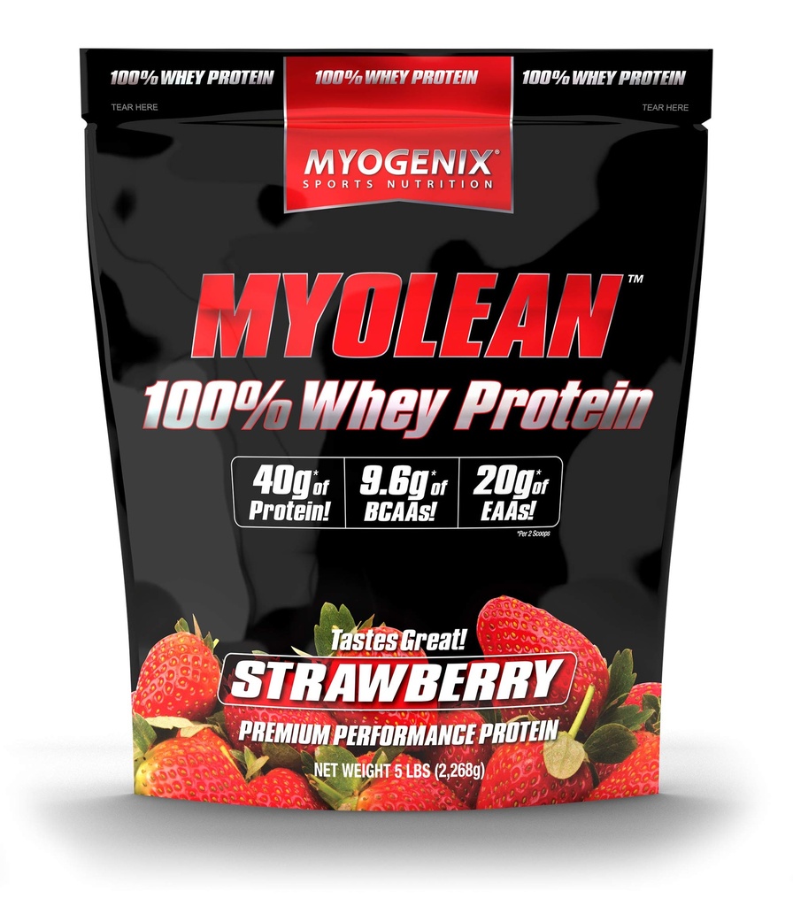 Myogenix Myolean – 100% Whey Protein Powder – 40g Proteína por Serving – Low Carb – Ideal para Smoothies, Meal Replacement Shakes, Pre Workout & Post Workout Shakes – Strawberry (5 libras)