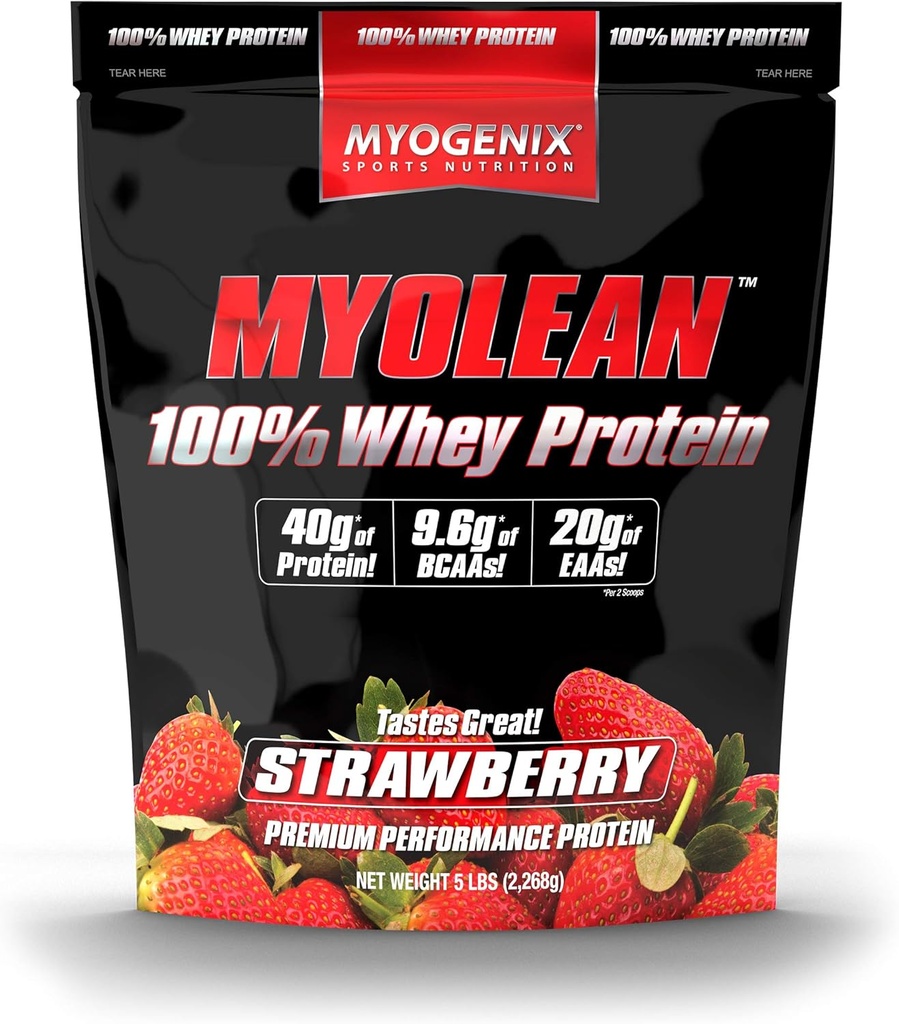 Myogenix Myolean – 100% Whey Protein Powder – 40g Proteína por Serving – Low Carb – Ideal para Smoothies, Meal Replacement Shakes, Pre Workout & Post Workout Shakes – Strawberry (5 libras)