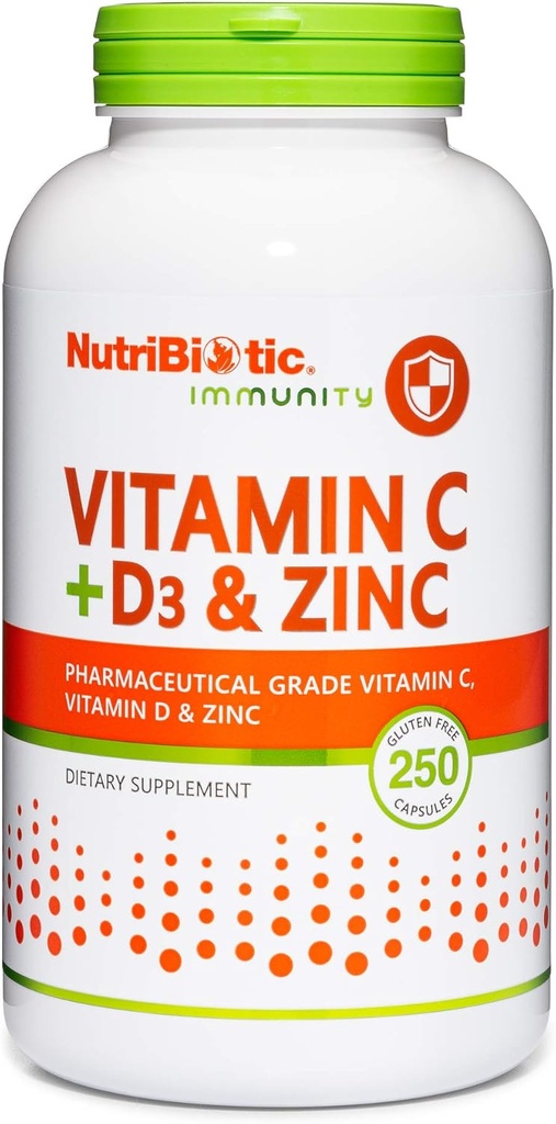 NutriBiotic – Vitamina C + Vitamina D3 &amp; Zinc, 250 cápsulas peru Potent, Soporte integral de inmunes ← Esencial &amp; Antioxidante Suplemento diario TEN Gluten > GMO Gratis
