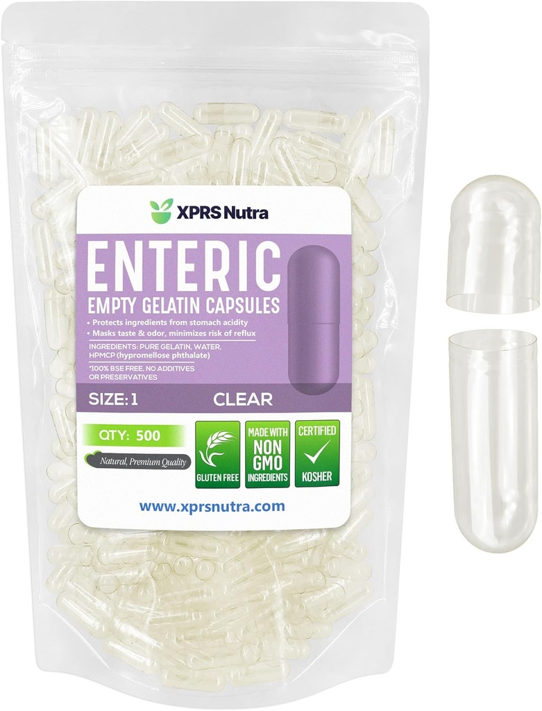 XPRS Nutra Size 1 Empty Capsules - 500 Conteo Clear Enteric Coated Empty Gelatin Capsules - Delayed Release Pills - DIY Capsule Filling - Pure Bovine Empty Enteric Gel Caps