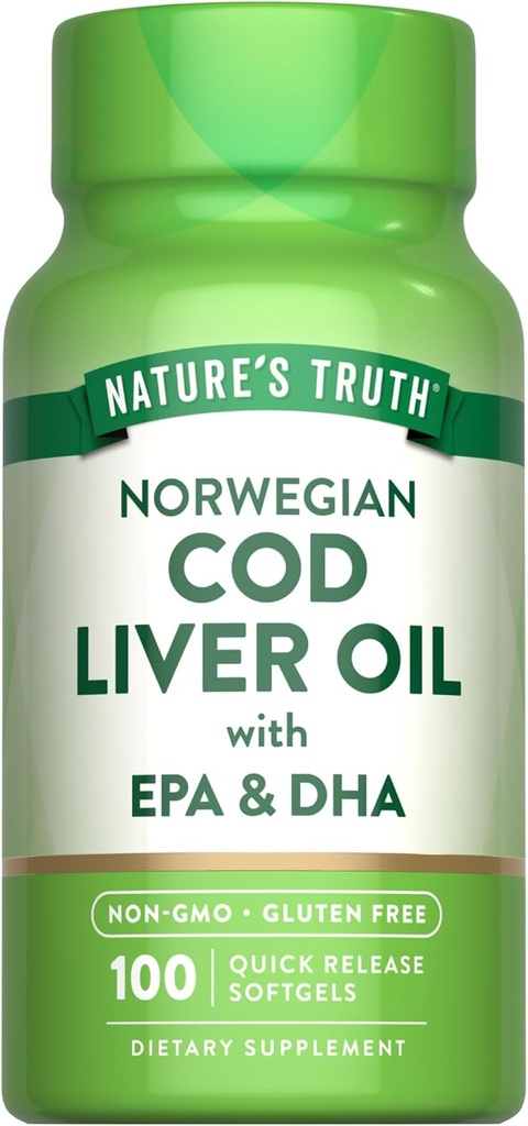 Nature's Truth Norwegian Cod Liver Oil | 100 Softgels | with EPA & DHA | Non-GMO & Gluten Free Supplement
