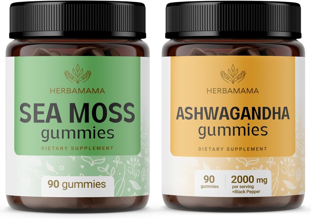 HerBAMAMA Sea Moss y Ashwagandha Kit - Bundle of 1600 mg Sea Moss with Bladderwrack " Ashwagandha Root Gummies - Vegan, Non-GMO, Gelatin-Free - 2 Pack
