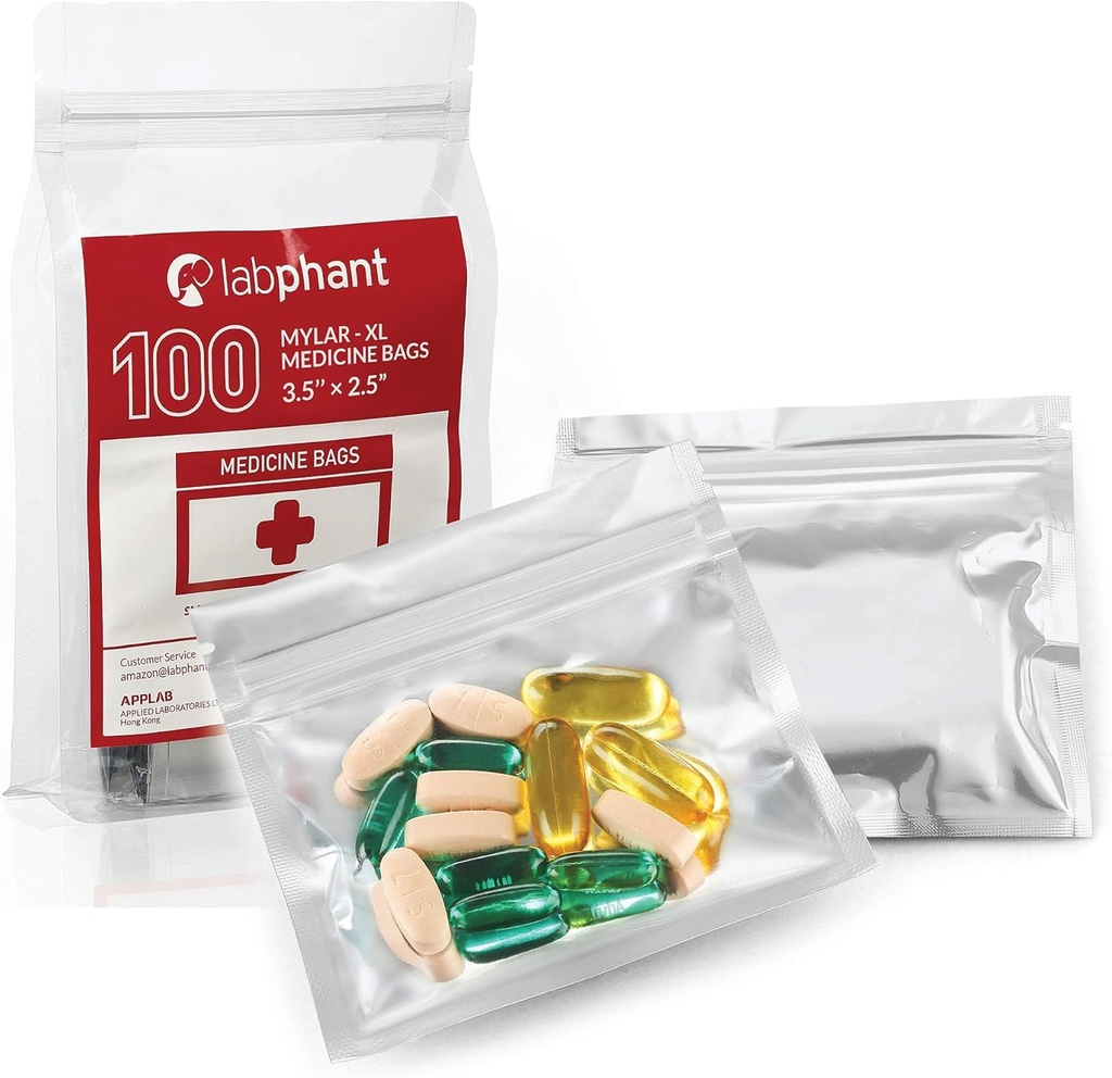 100 Pack Mylar Smell Proof XL Bolsas de Medicina - Ziplock Bolsas accesorios con doble propina. Marcador; Pill Pack Baggies para Medicina, Joyería, Hardware; Zipper Sealed Pill Pouches (3.5 x 2,5", Plata)