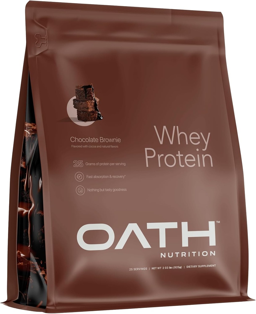 OATH NUTRITION Whey Protein Powder, Chocolate Brownie, 25 Gramos de Proteína y sólo 1 Gram de Azúcar por Ser, 2 lbs, 25 Servimientos