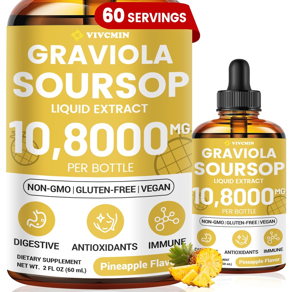 Graviola Soursop Leaf Extract Liquid - Soursop Bitters Liquid, Support Immune, Relax, Liver and Sleep, Sugar " Alcohol-Free, Highly Absorbable Formula, Pineapple Flavor, 2 Fl Oz