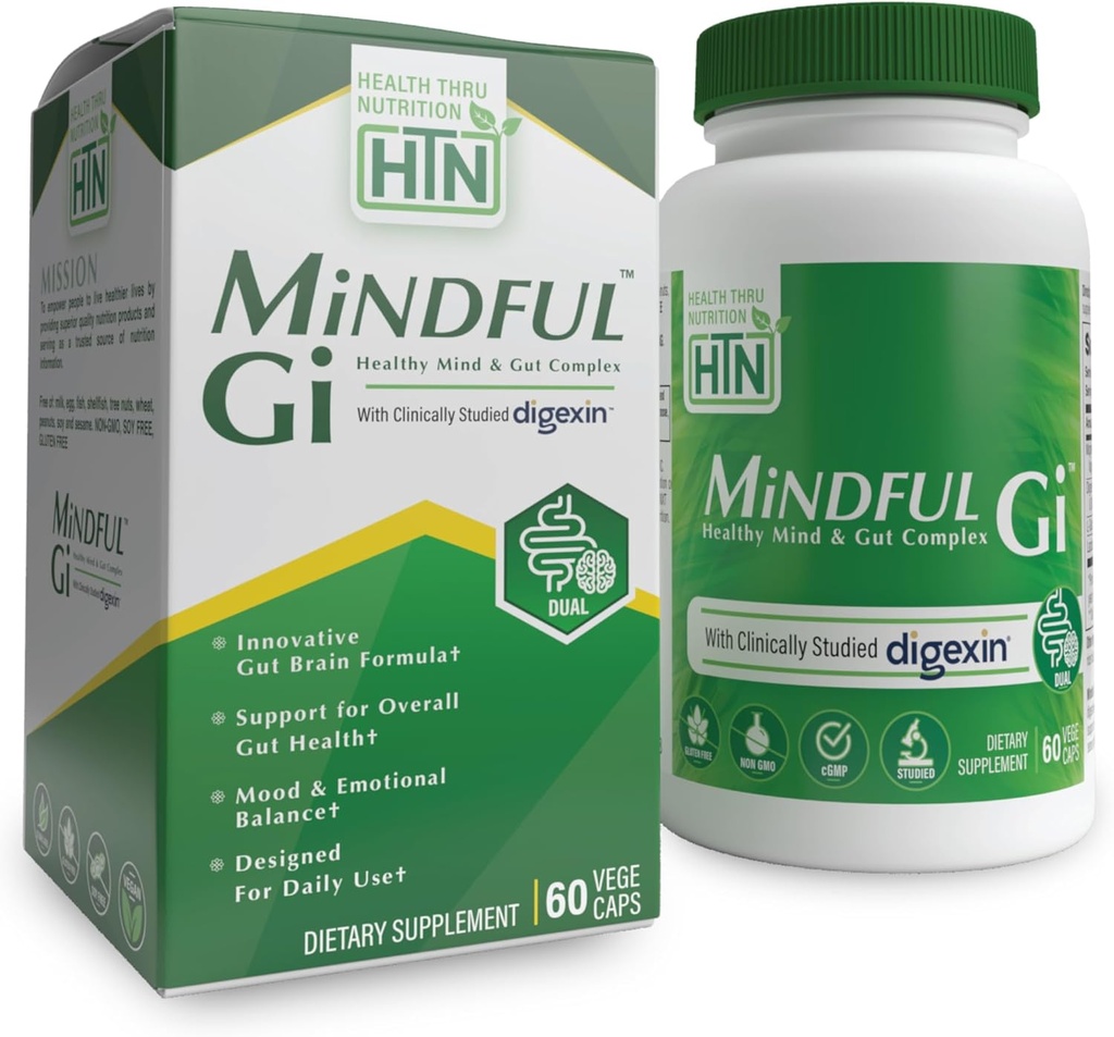 Salud Thru Nutrition Mindful GI - Complejo de Gut de la mente saludable ← con Digexin, Magnesio, L-Glutamina y Probiótico para el eje de Gut-Brain Apoyo a la regularidad, Bloating, Suplemento de calma