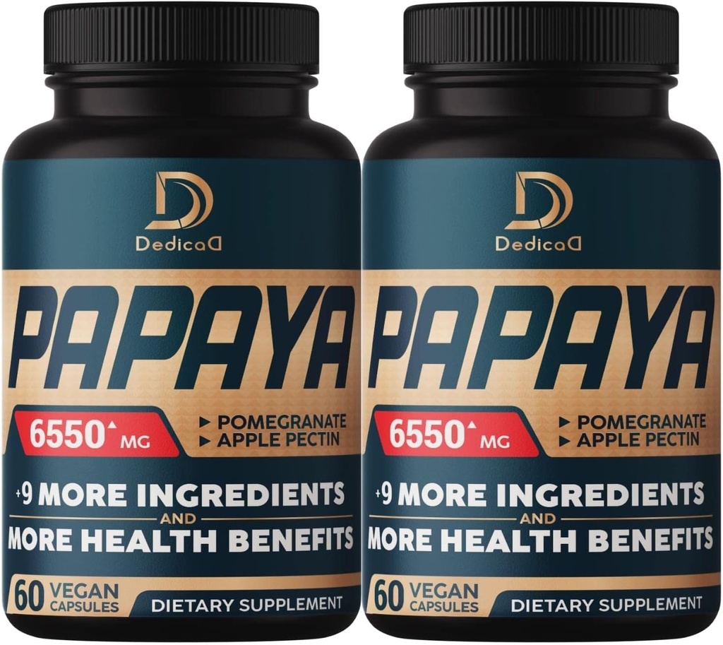 10in1 Pure Papaya Enzymes for Digestion 6550mg 4 Months Support Digestion, Immune & Body Health - Blended with Extracted Pomegranate, Apple Pectin, Ginger, Turmeric, Peppermint - 2 Packs 60 Condes
