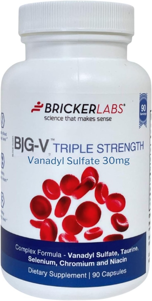 Bricker Labs Big-V Triple Strength Vanadyl Suplemento: Vanadyl Sulfate 30 mg, Taurine 600 mg, Selenium, Chromium y Niacin, Blended Mineral Supplement Capsules 90 ct