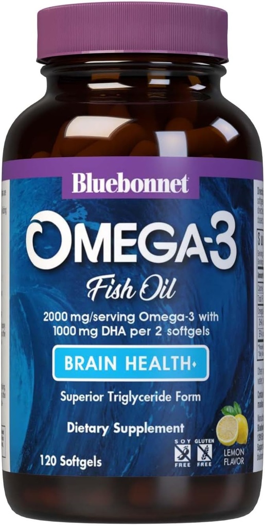 BlueBonnet Nutrition Omega-3 Brain Formula Natural Wild Caught Triglyceride Form DHA 1000 mg EPA 210 mg, Highly Concentrated Cognitive Health & Wellness Support Supplement, Gluten-Free Softgel, Yellow/Clear, Lemon, 120 Conde