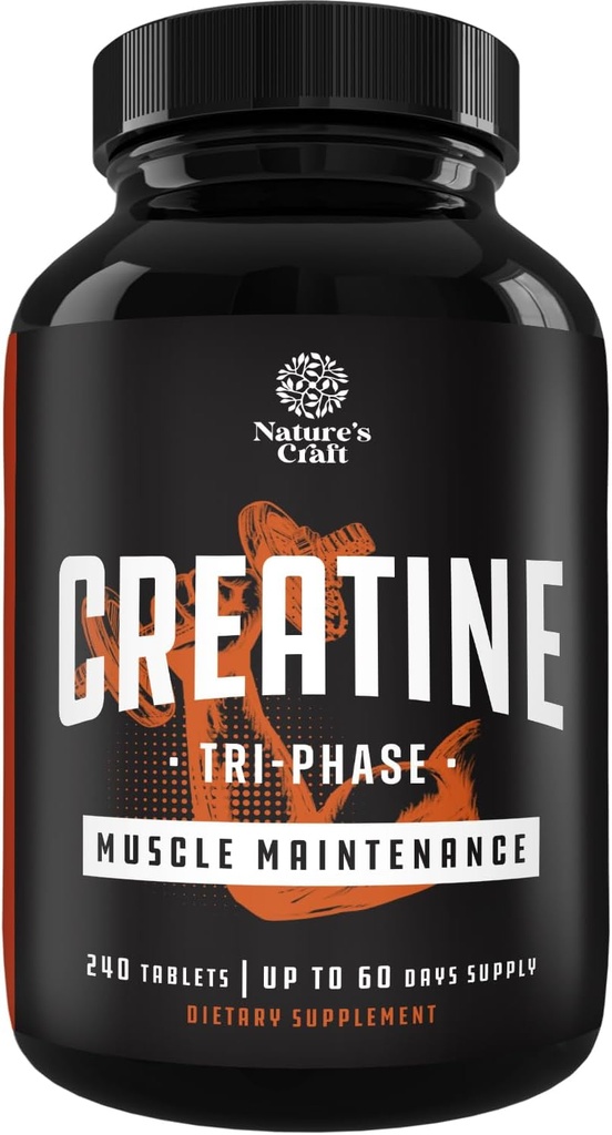 Natures Craft High Strength Tri Phase Creatine Tablets for Women &amp; Men - Fórmula Blend of Creatine Monohydrate, 300mg HCL & Pyruvate Supplement - Muscle Mass Gain &amp; Recovery Supplement - 240 Tablets