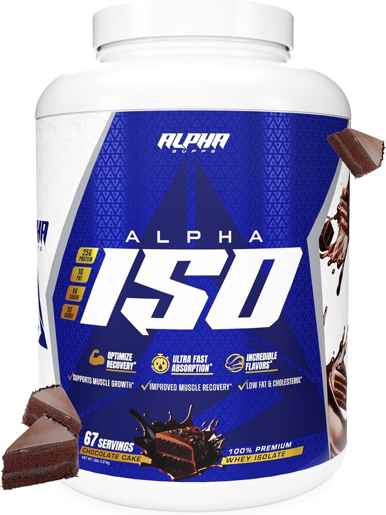 Alpha Supps ISO, Low Carb 100% Whey Protein Isolate Powder, 25 Grams Por Serving, Ayuda a apoyar el crecimiento muscular, bajo azúcar y sin gluten (Chocolate Cake, 5 lb)