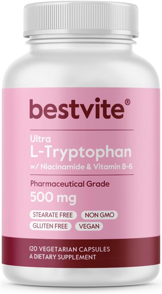 BESTVITE L-Tryptophan 500mg con B3 &amp; B6 (120 cápsulas vegetarianas) – No Fillers – No Stearates