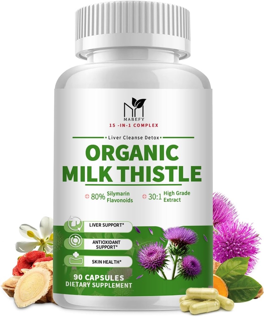 Suplemento de Detox de Leche Orgánica - 15 en-1 Fórmula con Silymarin, Antioxidantes, " Herbal Blend - 90 cápsulas