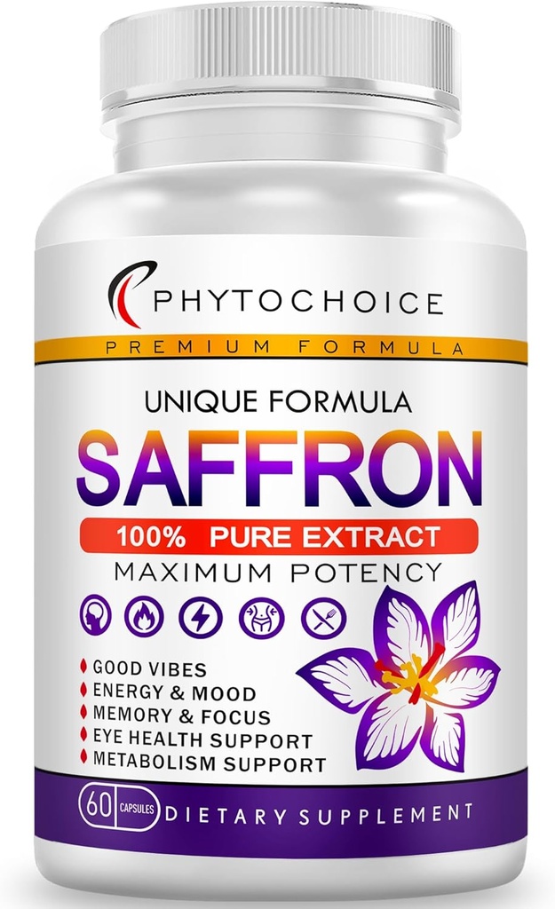 Saffron Suplementos-100% Puro Saffron Extract Capsules-Boost Energy & Mood, Support Eye & Heart Health, Focus, Vision - Pure Saffron Extract 88.5 mg - Made in the USA for Women &amp; Men 60 Vegan Capsules