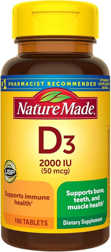 Nature Made Vitamina D3, 100 Tabletas, Vitamina D 2000 UI (50mcg) ayuda a apoyar la salud inmune, 100 tabletas,.-