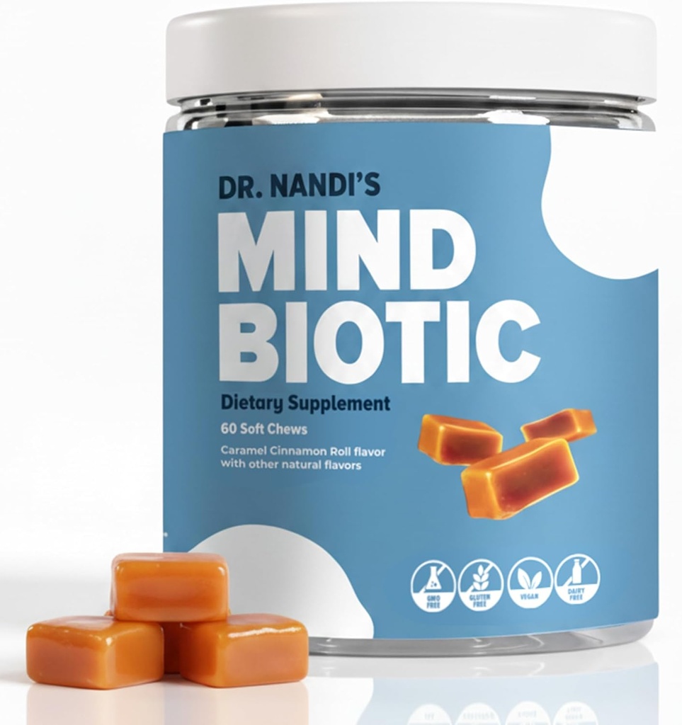 Suplemento de salud digestiva del cerebro del Dr. Nandi - KSM-66 Ashwagandha, Probióticos " Prebióticos - apoya la memoria, el enfoque, la energía " Conexión entre Gut-Brain - 300MG - 60 cerdas de canela Caramel