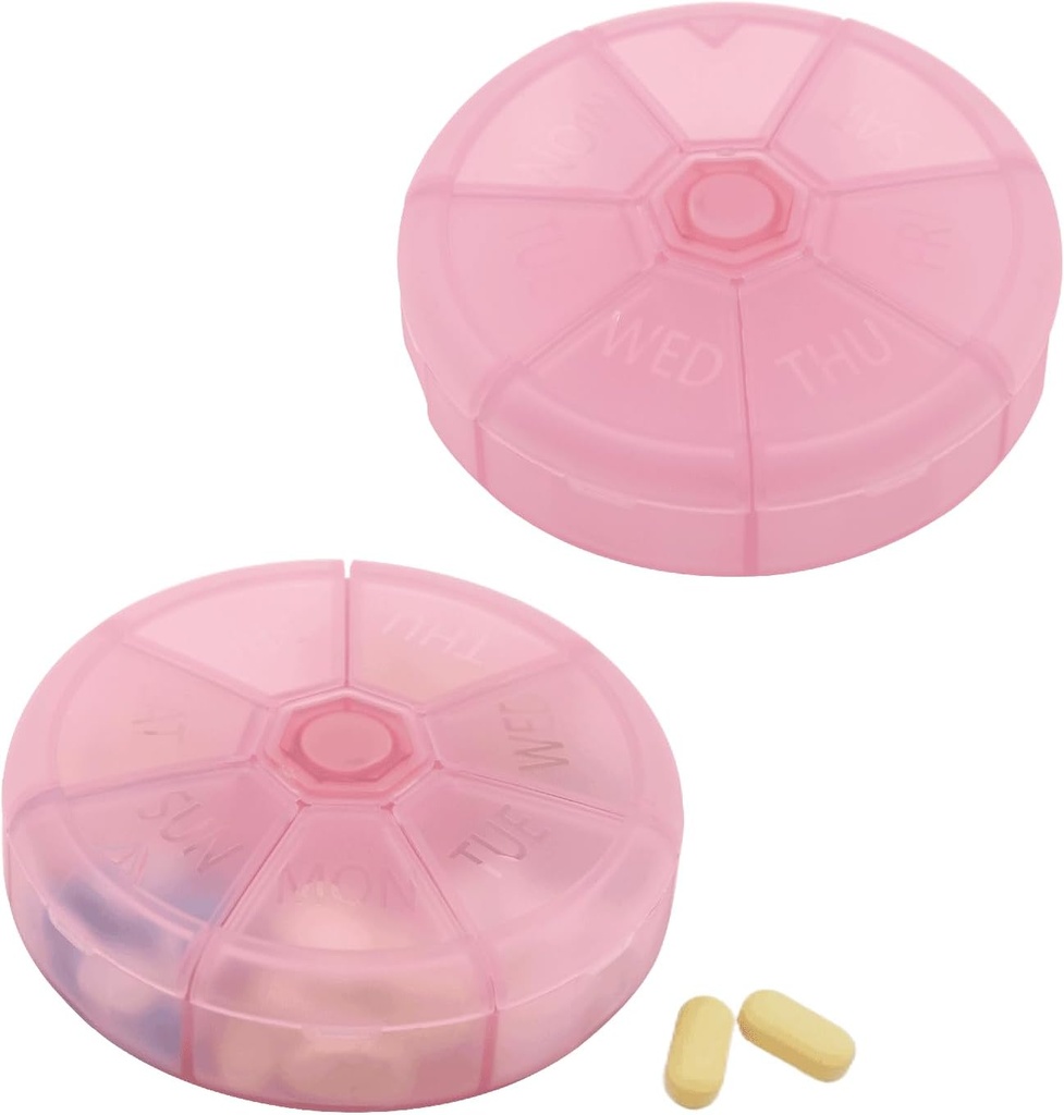 Organizador semanal portátil de píldoras de 7 días Container, caja de la pila redonda Travel Friendly, Caja de recordatorio de la semana diaria, vitamina libre de BPA, suplemento, aceite de pescado, Planificador de medicamentos (Pink)