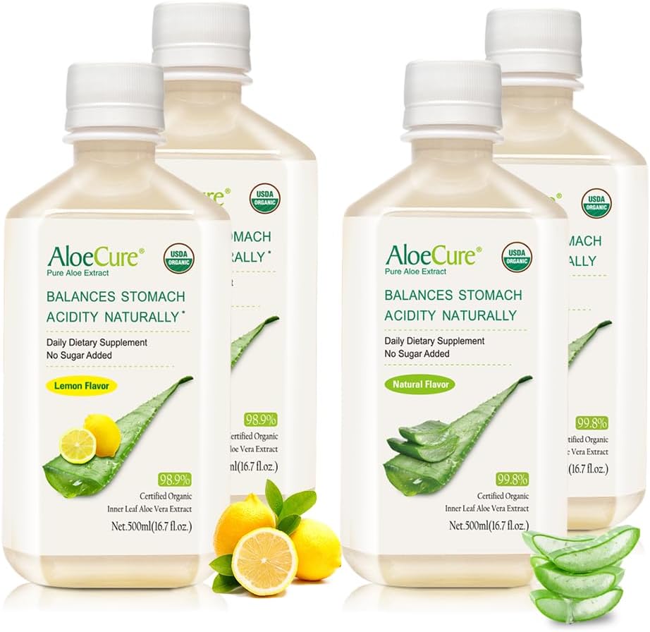 AloeCure Organic Aloe Vera Juice - 4 Bottle Sample Pack - Lemon & Natural Flavor, 4x500ml