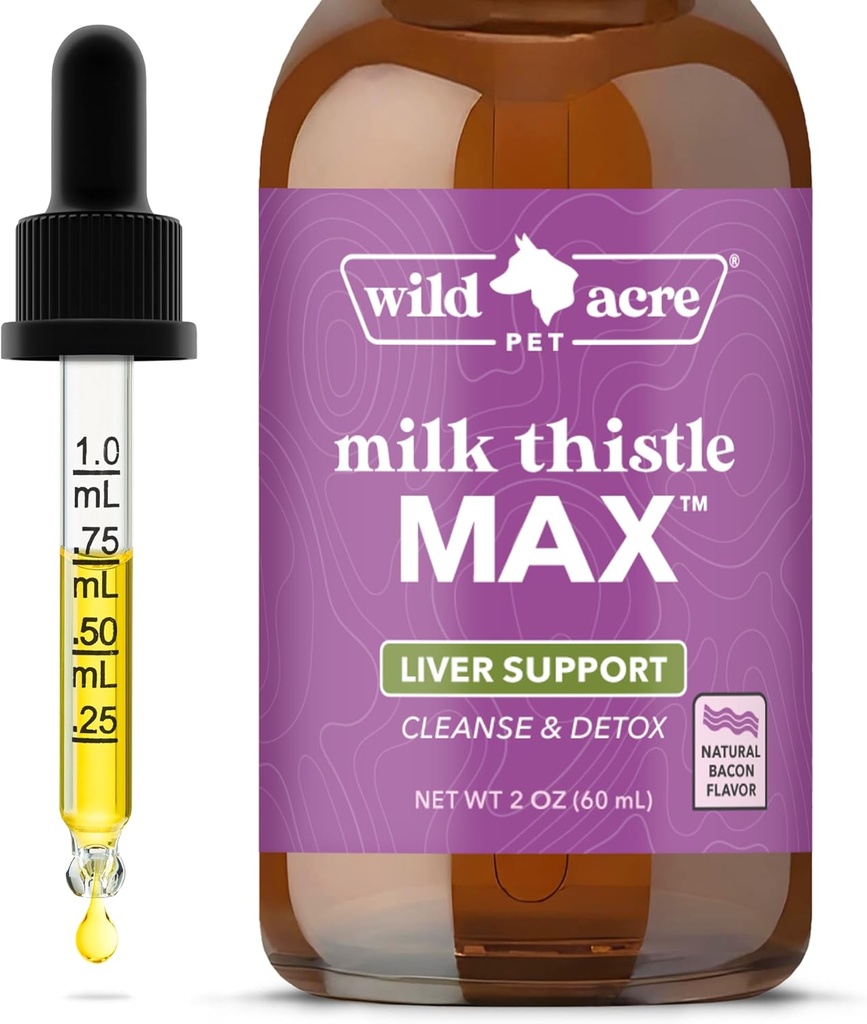 Wild Acre Milk Thistle for Dogs - Max Strength Liver Support, Cleanse & Detox - Natural Bacon Flavor - Simplemente Añadir a Comida - Picky Pup Aprobado, 2 oz (60mL)