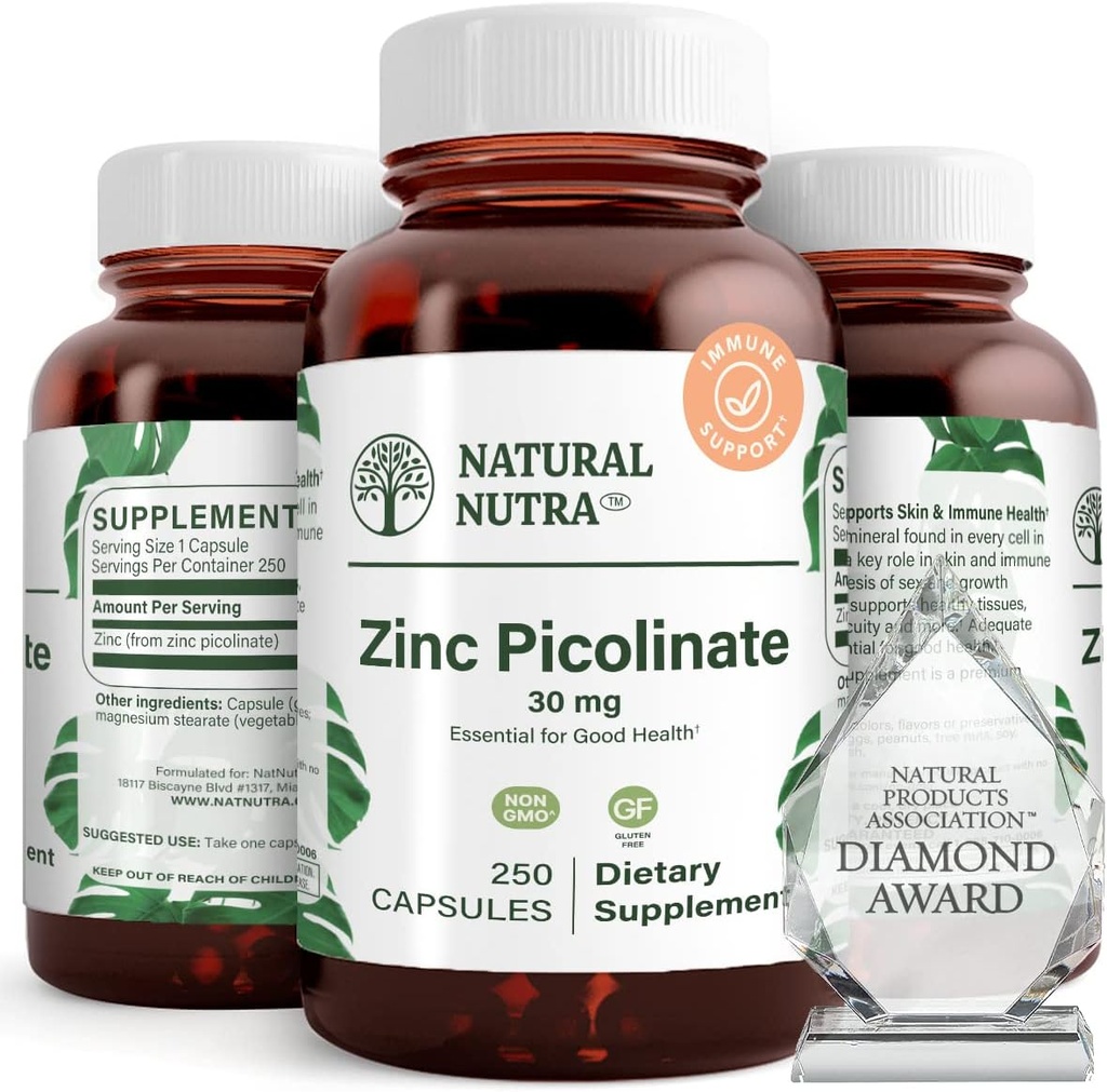 Natural Nutra Zinc Picolinate 30 mg, doble fuerza, crudo y puro, suplemento altamente biodisponible para el crecimiento y el apoyo a los inmunes, ayuda a apoyar el sistema metabólico, disminuir el colon común 250 cápsulas