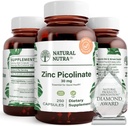 Natural Nutra Zinc Picolinate 30 mg, doble fuerza, crudo y puro, suplemento altamente biodisponible para el crecimiento y el apoyo a los inmunes, ayuda a apoyar el sistema metabólico, disminuir el colon común 250 cápsulas