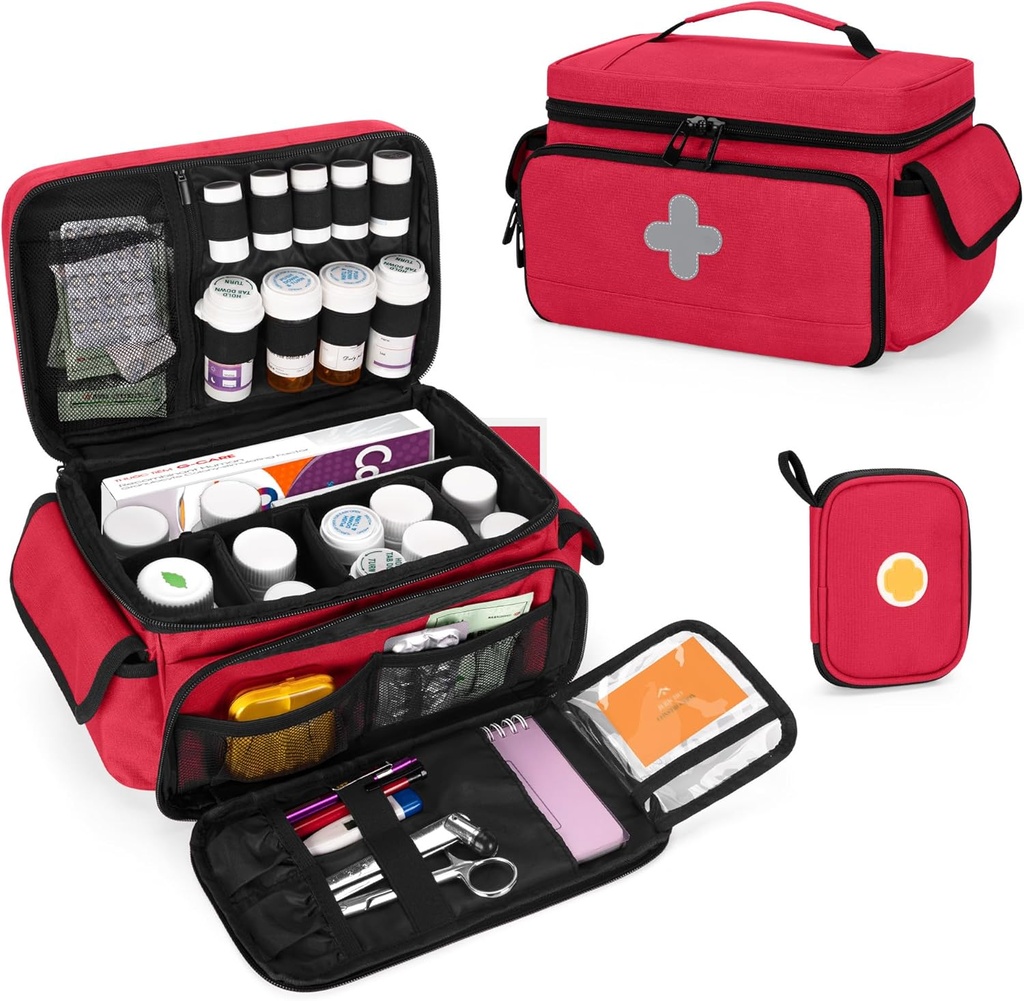 CURMIO Bolsa de almacenamiento de medicamentos Vacío, organizador de botellas con bolsas portátiles para kits de primeros auxilios, caja de medicina para el hogar y el viaje, rojo (pending de patentes)