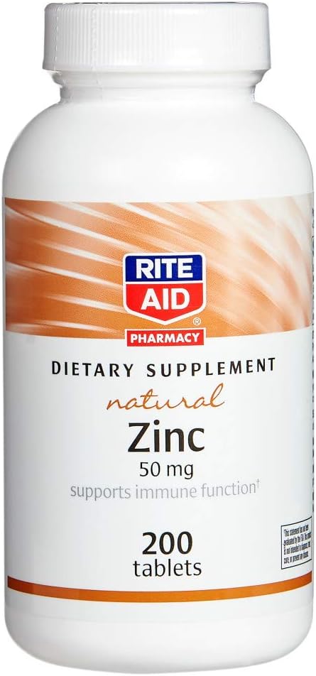 Rite Aid Natural Zinc, 50 mg, 200 Tablets - Supports Immune Function - Zinc Supplements - Vitamin Supplements - Natural Zinc Supplement - Essential Mineral for Antioxidant Health - Easy-to-Swallow