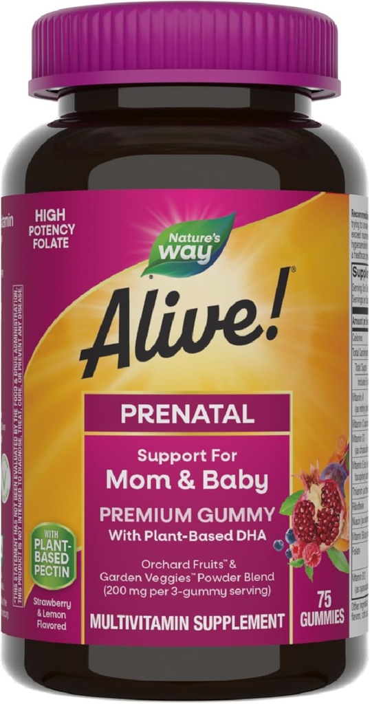 ¡El Camino de la Naturaleza Alive! Prenatal Premium Gummy Multivitamin, Folate de alta potencia, DHA de base vegetal, vegetariano, fresa y sabor limón, 75 Gummies
