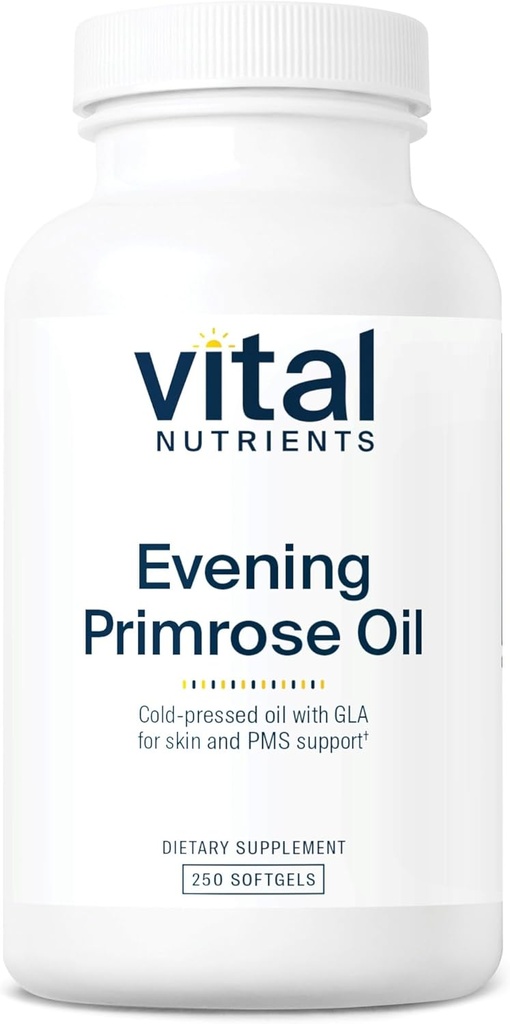 Vital Nutrients Evening Primrose Oil 1000mg ← Primrose Suplemento para Mujeres Silencio GLA Omega-6 Fatty Acid for Skin and PMS Support* ← Gluten, Dairy, Soy Free ← Non-GMO TEN 250 Softgels