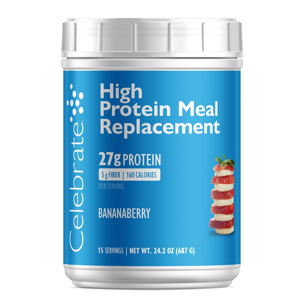 Celebrar Vitaminas High Protein Meal Replacement Shake, 27 g Protein Powder, 5 g de Fiber, Para Pacientes de Cirugía Post-Bariatrica, Bananaberry, 15 porciones