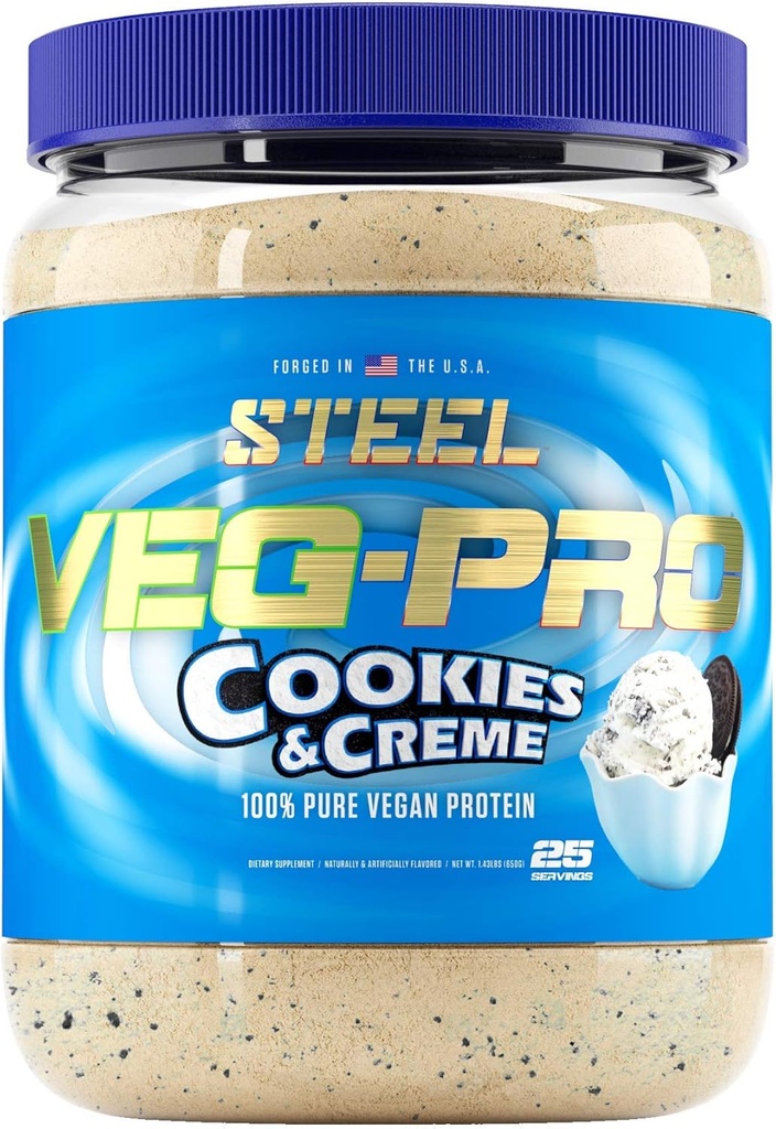 Suplementos de acero Veg-PRO ← Pólvora de proteínas veganas, Cookies y Crema Silencioso 25 Actuaciones (1.65lbs) ← Pólvora de proteínas con BCAA Aminoáccido Silencio No GMO Silencio No lácteos