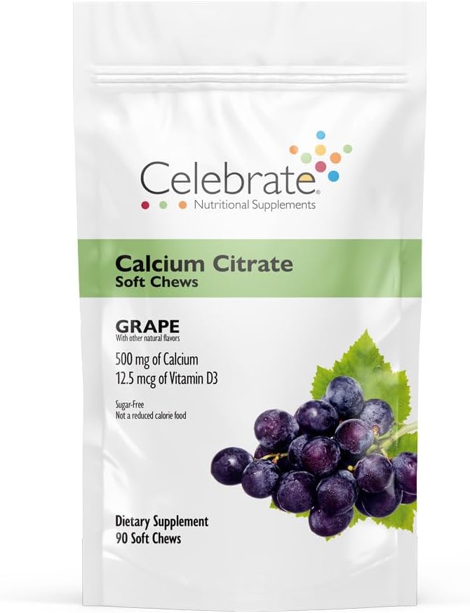 Celebrar vitaminas Bariatric 500mg Calcio Citar cerdas suaves con 500 UI Vitamina D3 – Esencial para el bypaso gástrico Pacientes " Bone Health - Sugar " Gluten Free, Grape (90 Chews)