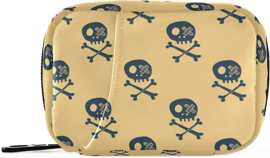Skulls and Bones Pill Box 7 Day Pill Case Travel Pill Organizer Bag with Zipper Portable Weekly Case Compact Size for Vitamin Supplement Holder