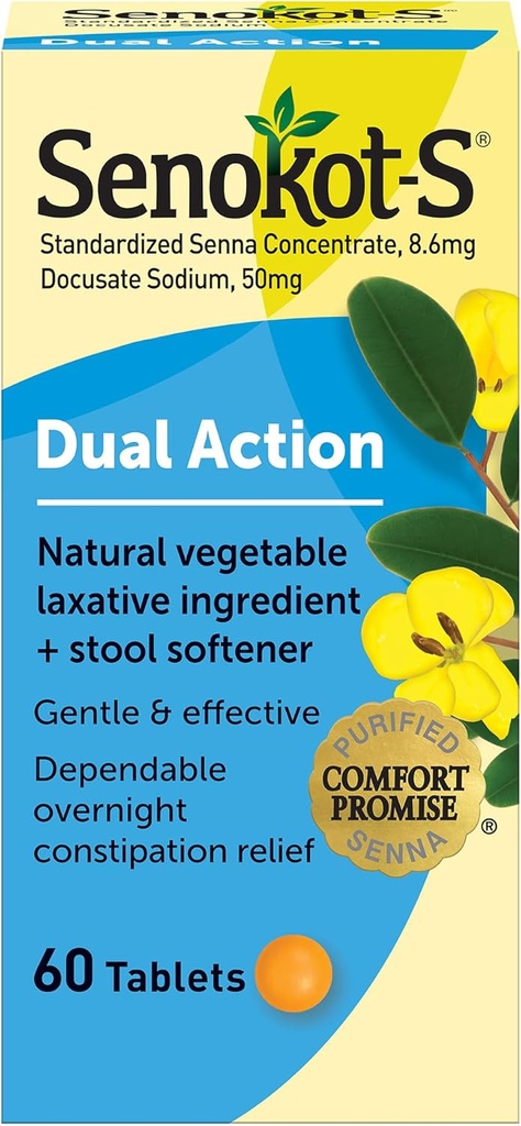 Senokot-S Dual Action 60 Tablets, Natural Vegetable Laxative Ingredient Plus Stool Softener Tablets, Gentle Dependable Overnight Relief Of Occasional Constipation Blanco
