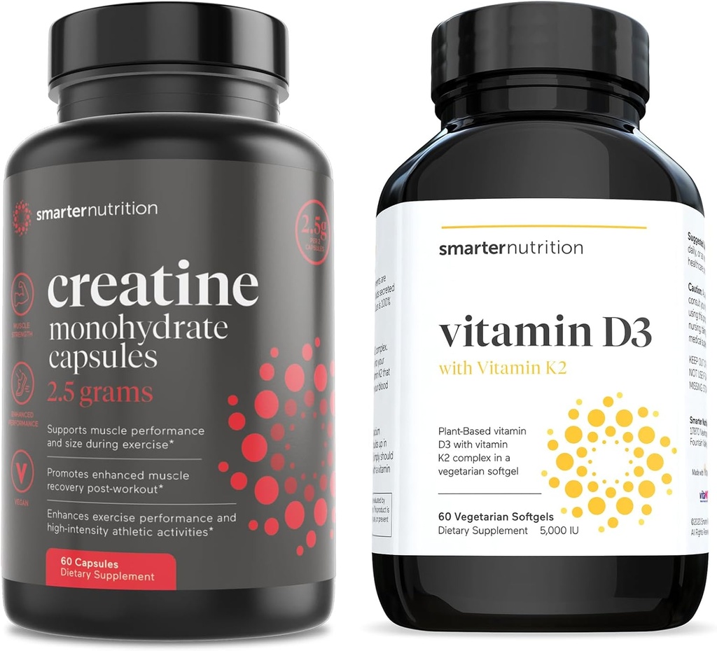 Más inteligente Nutrición Vitamina de base vegetal D3 con Complejo de K2 Vegan en una píldora Vegetariana de Softgel &amp; Creatina con 2500 mg (2.5g) Monohidrato de crema por ser, cápsulas de crema Vegan [1-Mes de suministro]