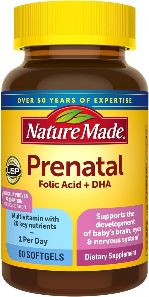 Nature Made Prenatal Vitamina + DHA Softgels con ácido fólico, yodo y zinc, 60 Cuenta
