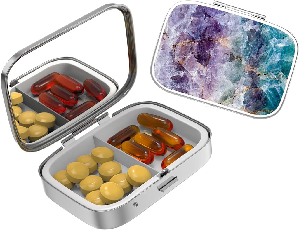 Cute Small Pill case for Pockets & Purses,Elegant Pill Box Makes a Great Gift,2 Compartment Travel Medicine Organizer Stores Progesterone,Capsule Pills,Ibuprofen,Vitamins-Bronze Purple Marble