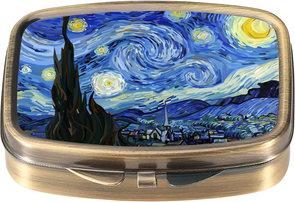 Caja de pill de Dynippy Pill Funda con Espejo Retro Pocket 2 Compartment Medicine Case Vitamin Pill Organizer for Pocket Purse and Travel (A-Van Gogh The Starry Night)