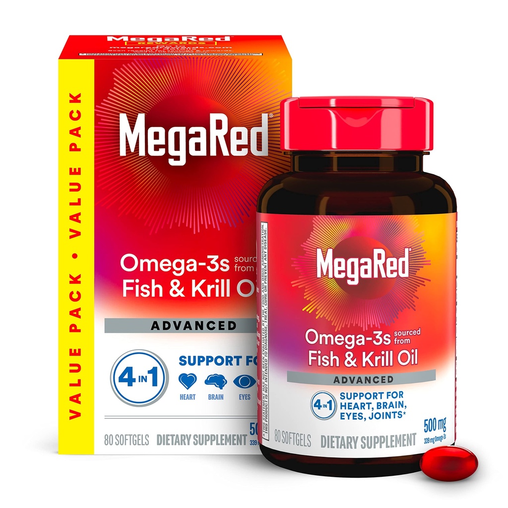 Megared Omega-3 Fish Oil + alta absorción Krill Oil 500mg Softgels, MegaRed Advanced 4in1 (80 cuentan en una botella) Concentrado Omega-3 Fish & Krill Oil Suplemento