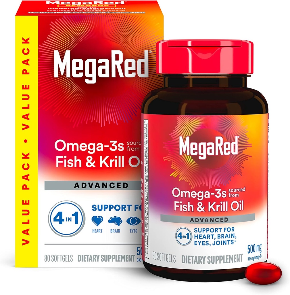Megared Omega-3 Fish Oil + alta absorción Krill Oil 500mg Softgels, MegaRed Advanced 4in1 (80 cuentan en una botella) Concentrado Omega-3 Fish & Krill Oil Suplemento