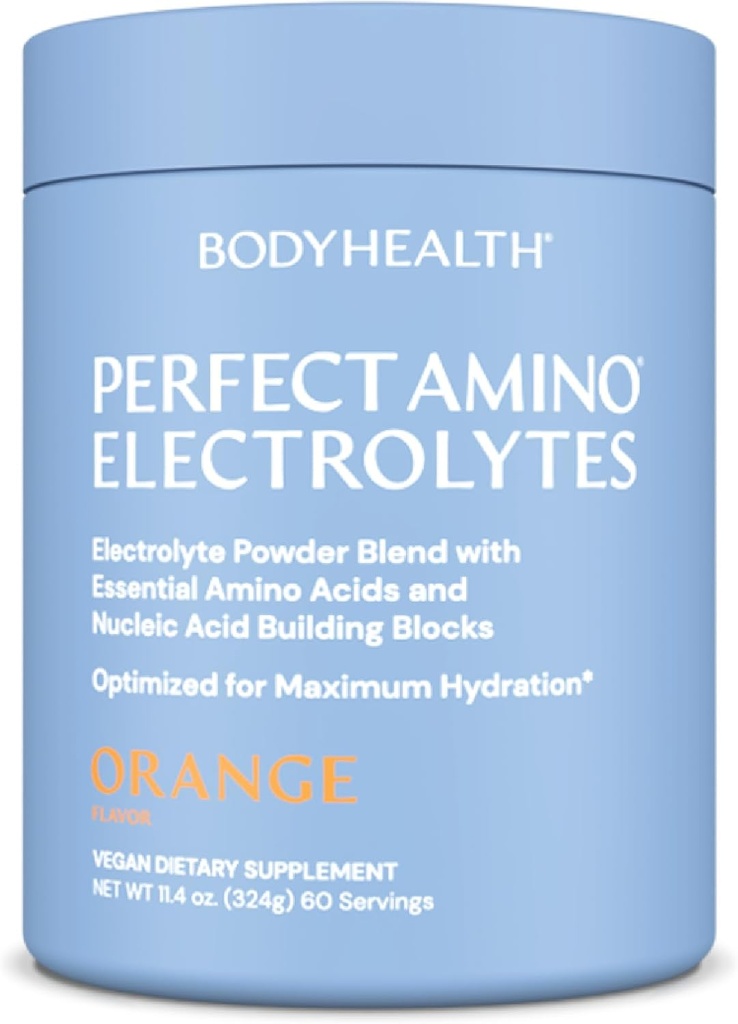 BodyHealth PerfectAmino Electrolytes Polvo No Azúcar, Keto Sugar Electrolitos de ayuno gratis Bebida Mix, Hidratación Polvo con Minerales Trace - Naranja - 60 Servimientos