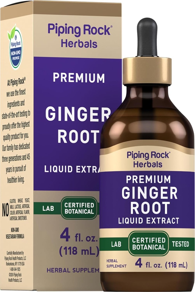 Piping Rock Ginger Root Extract Liquid Silencio 4 fl oz ← Premium Tincture Drops ← Certified Botanical Supplement ← Non-GMO, Gluten Free