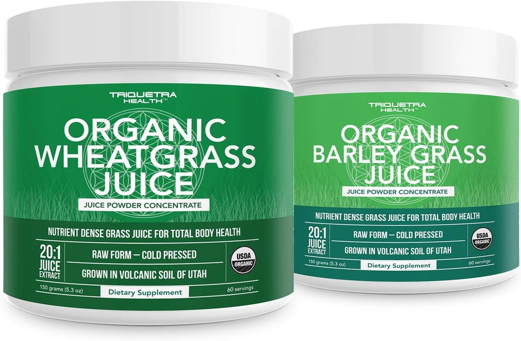 Orgánica Wheatgrass Juice Powder Plus Orgánica Barley Grass Juice Powder - USA Grown in Volcanic Utah Soil, Both Raw Form & 5.3 oz