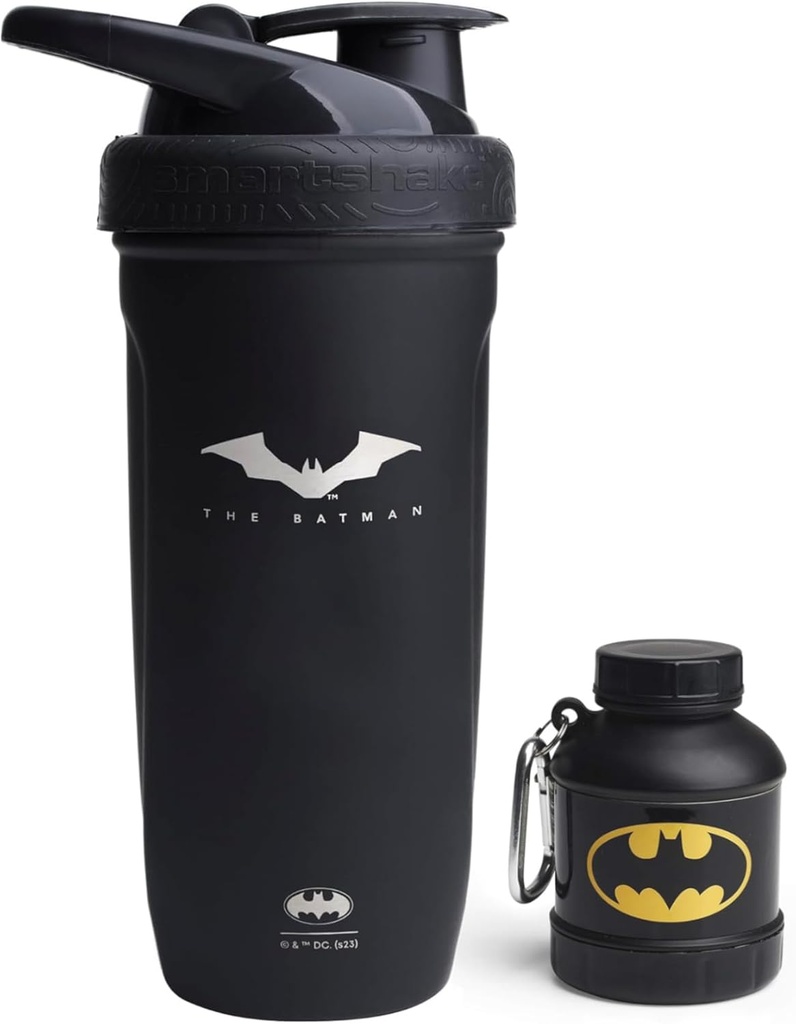 Smartshake DC Comic Bundle - Batman Protein Shaker Botella – 900ml Leakproof Acero inoxidable Agitador de agua con 50g Protein Powder Storage Funnel
